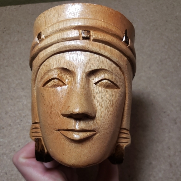 Phillipine Hand-Carved Primitive Wood Tribal Tiki Mug Woman Face Head 4.5" tall - Picture 7 of 8